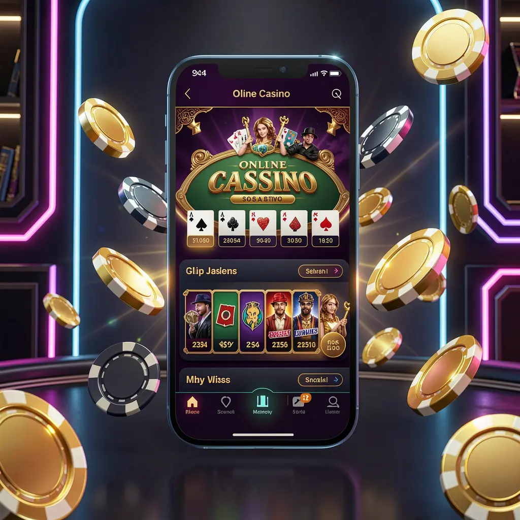 BK933 online casino mobile app hero banner featuring a modern smartphone with a glowing casino interface, golden coins and poker chips flying around against a dark luxury background with neon accents