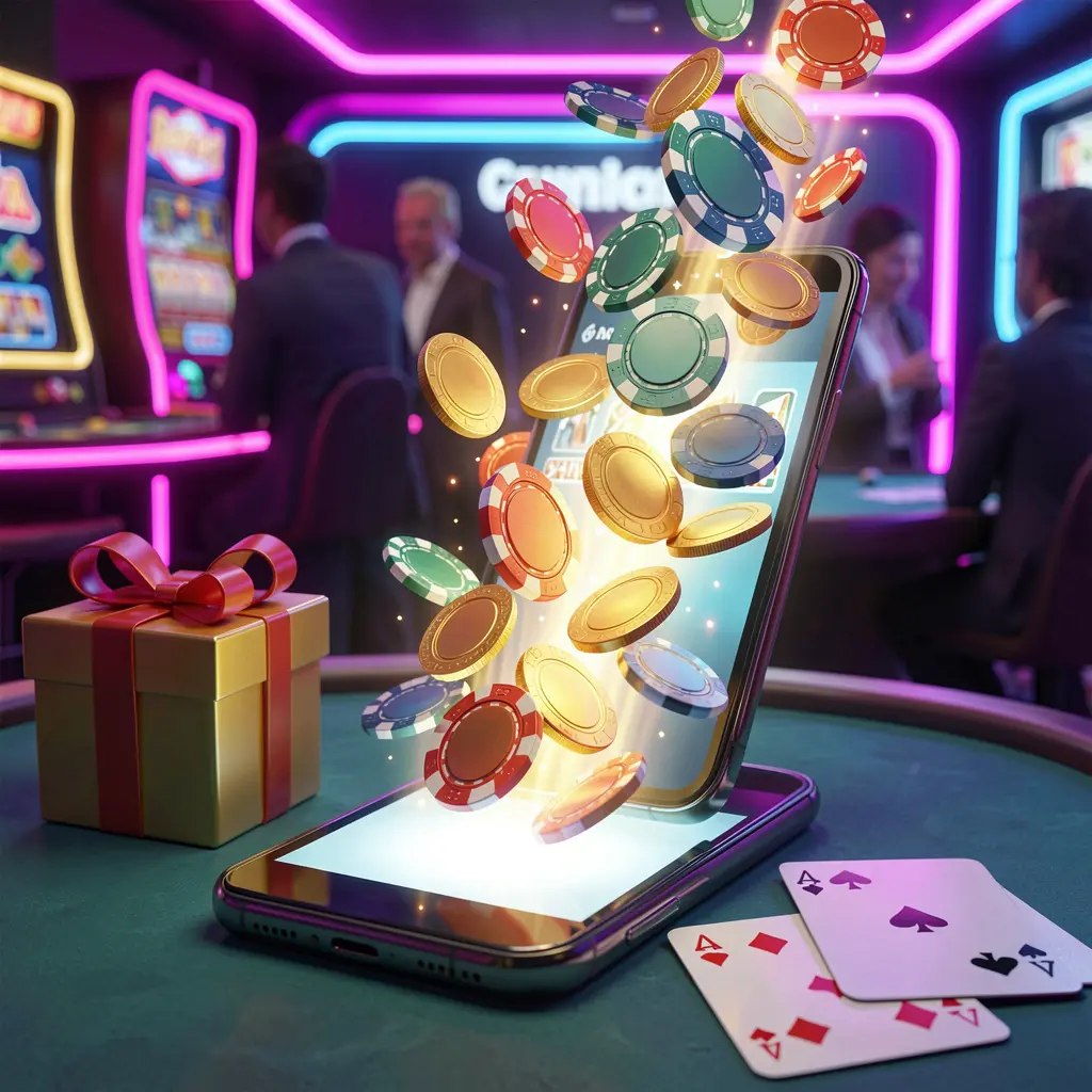 BK933 mobile casino bonus scene with a modern smartphone displaying glowing casino chips and coins emerging from the screen, surrounded by a gift box and playing cards in a bright neon casino atmosphere