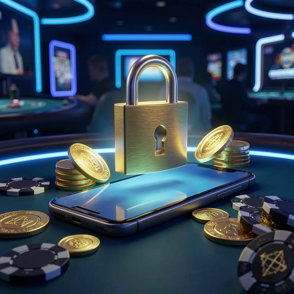 BK933 casino login security image featuring a glowing padlock floating above a smartphone with golden coins and chips scattered around against a dark blue neon background