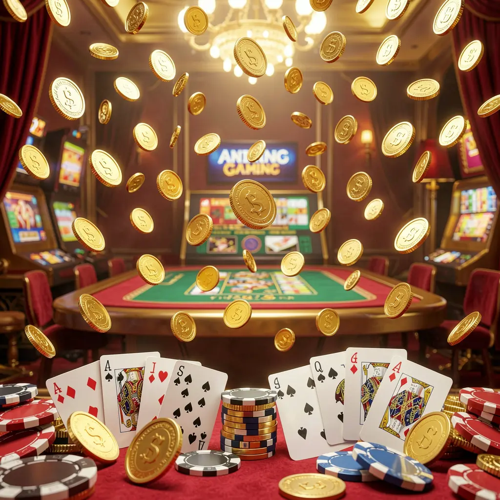 BK933 online gaming platform homepage banner featuring bright casino lights with golden coins raining, poker chips and playing cards in the foreground, set in a luxury red and gold atmosphere with high detail 3D render